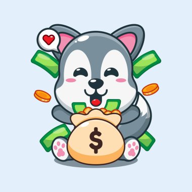 Para çantası olan sevimli kurt. Çizgi film çizimi..