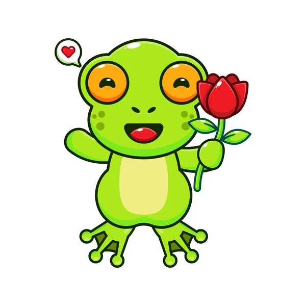 Cute Frog Holding Rose Flower Cartoon Vector Illustration — Stock Vector