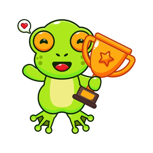 Cute Frog Holding Gold Trophy Cup Cartoon Vector Illustration — Stock Vector