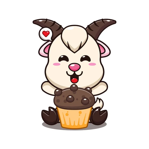 Chèvre Avec Tasse Gâteau Dessin Animé Vecteur Illustration — Image vectorielle