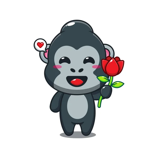 Gorilla Holding Rose Flower Cartoon Vector Illustration — Stock Vector