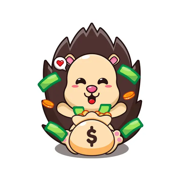 Hedgehog Money Bag Cartoon Vector Illustration — Stock Vector