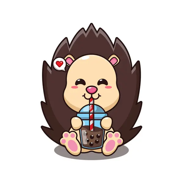 Hedgehog Drink Bubble Milk Tea Cartoon Vector Illustration — Stock Vector