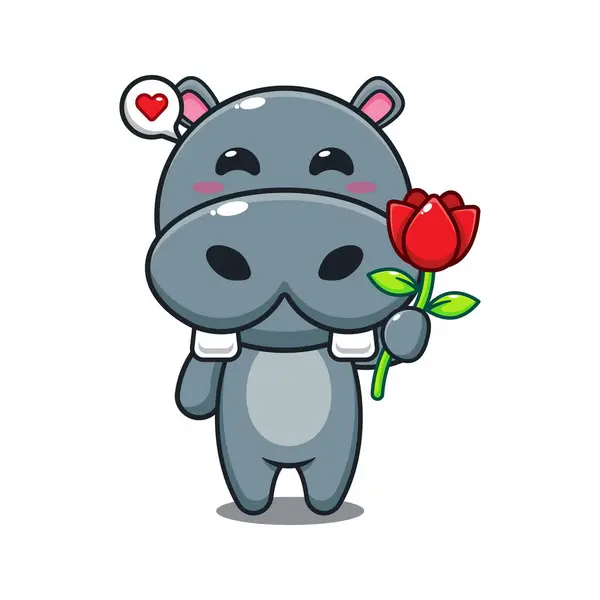 Hipopotama Gospodarstwa Róża Kwiat Kreskówki Wektor Ilustracja — Wektor stockowy