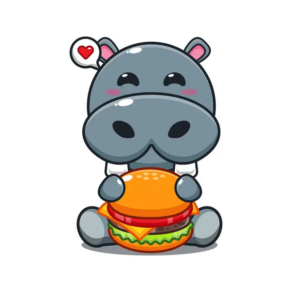 Hipopotama Wektorem Kreskówki Burger Ilustracja — Wektor stockowy