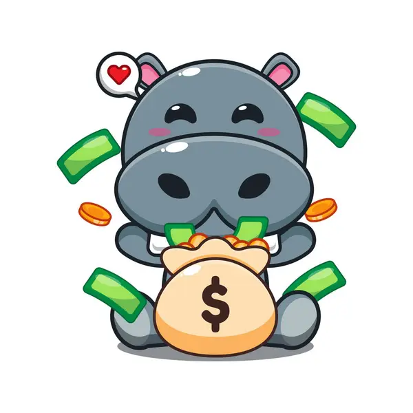 Nijlpaard Met Geld Zak Cartoon Vector Illustratie — Stockvector