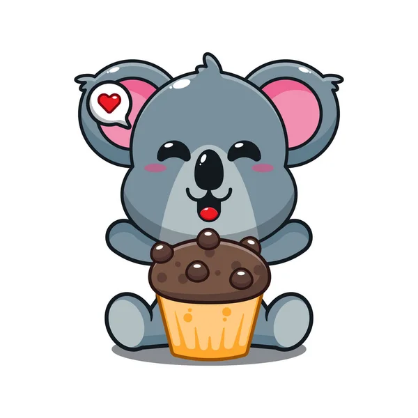 Mignon Koala Avec Tasse Gâteau Dessin Animé Vecteur Illustration — Image vectorielle