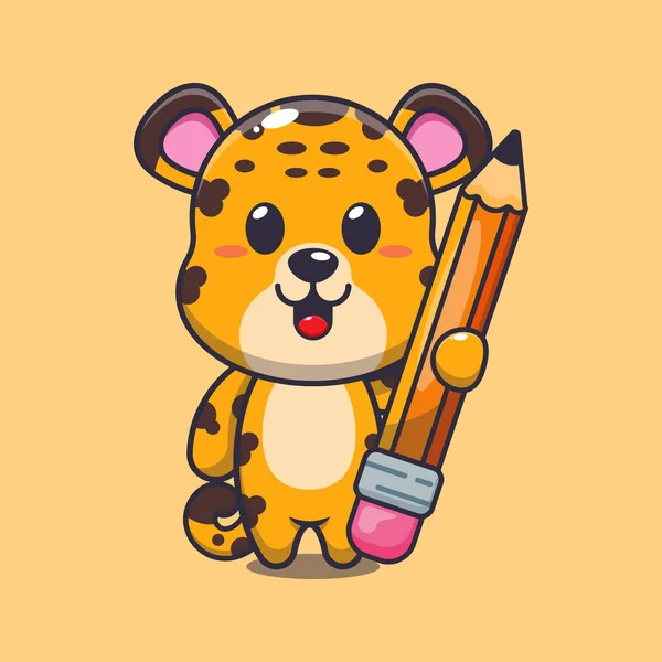 Leopardo Segurando Lápis Desenho Animado Ilustração Vetorial — Vetor de Stock