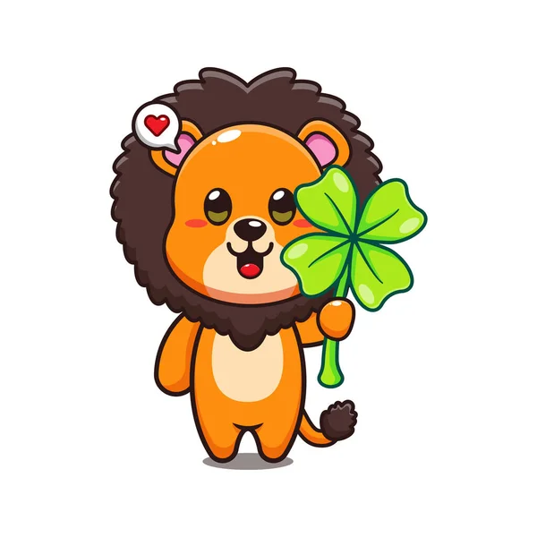 Cute Lion Clover Leaf Cartoon Vector Illustration — Stock Vector