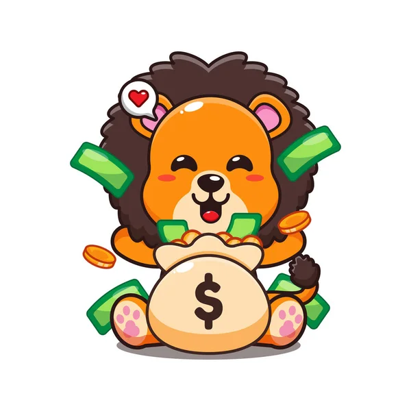 Para çantası karikatür vektör çizimi ile sevimli aslan.