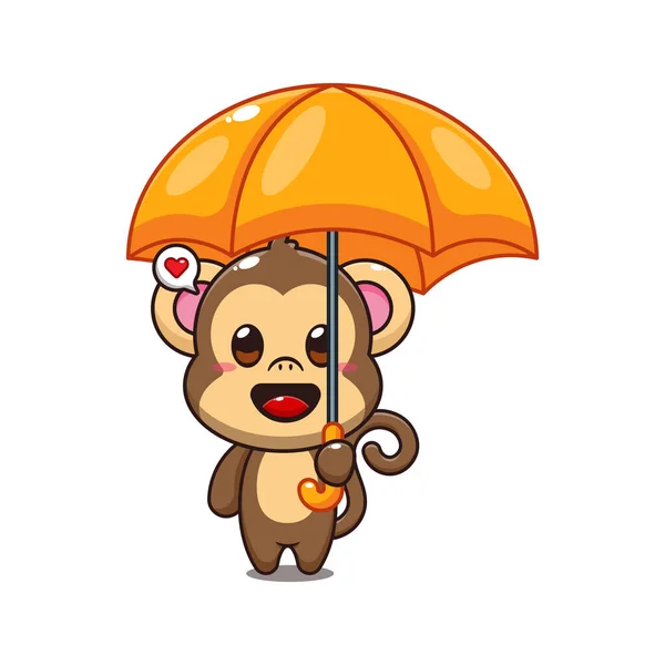 Niedlichen Affen Mit Regenschirm Cartoon Vektor Illustration — Stockvektor