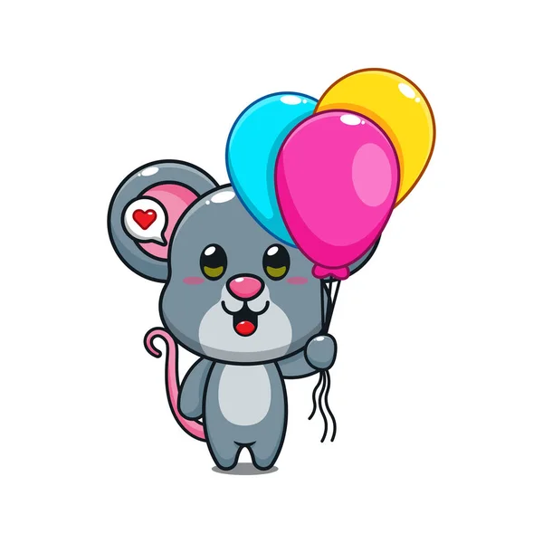 带气球卡通人物插图的可爱老鼠 — 图库矢量图片