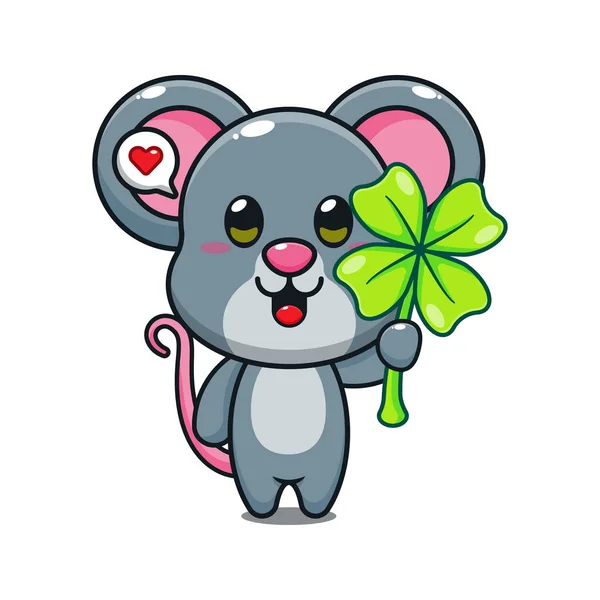 Carino Mouse Con Trifoglio Foglia Cartone Animato Vettoriale Illustrazione — Vettoriale Stock