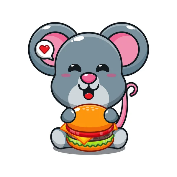 かわいい マウス ととも バーガー漫画 ベクター イラスト — ストックベクタ
