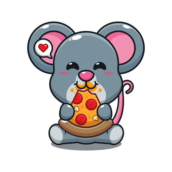 Lindo Ratón Comer Pizza Ilustración Vector Dibujos Animados — Vector de stock