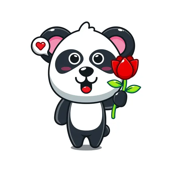 Mignon Panda Tenant Rose Fleur Dessin Animé Vecteur Illustration — Image vectorielle