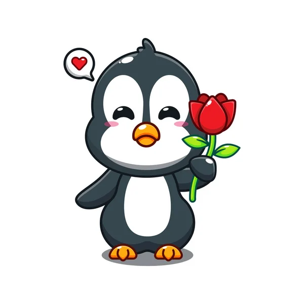 Mignon Pingouin Tenant Rose Fleur Dessin Animé Vecteur Illustration — Image vectorielle