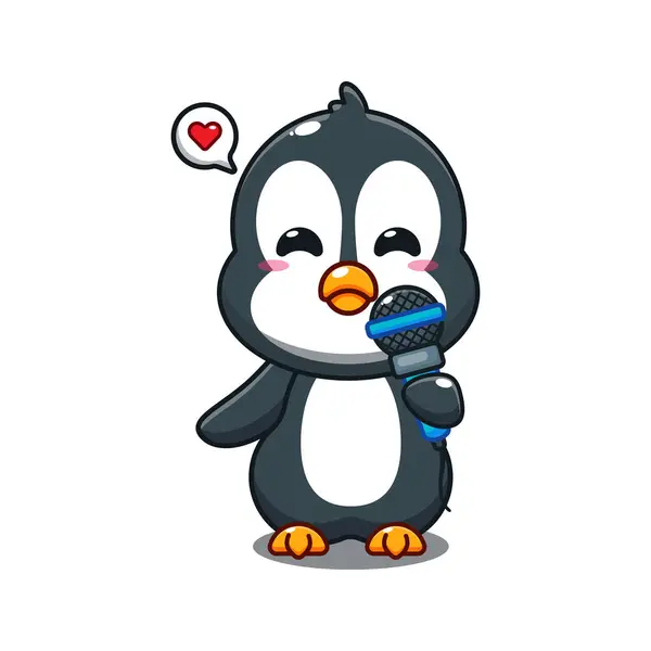 Cute Penguin Holding Microphone Cartoon Vector Illustration — Stock Vector