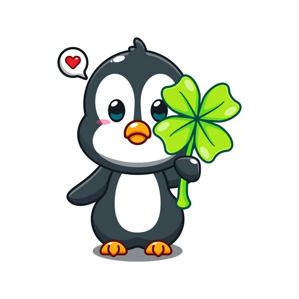 Carino Pinguino Con Trifoglio Foglia Cartone Animato Vettoriale Illustrazione — Vettoriale Stock