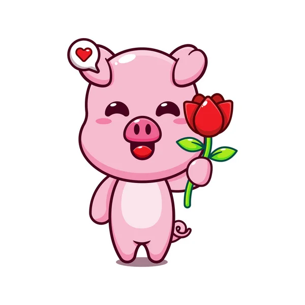 Mignon Porc Tenant Rose Fleur Dessin Animé Vecteur Illustration — Image vectorielle