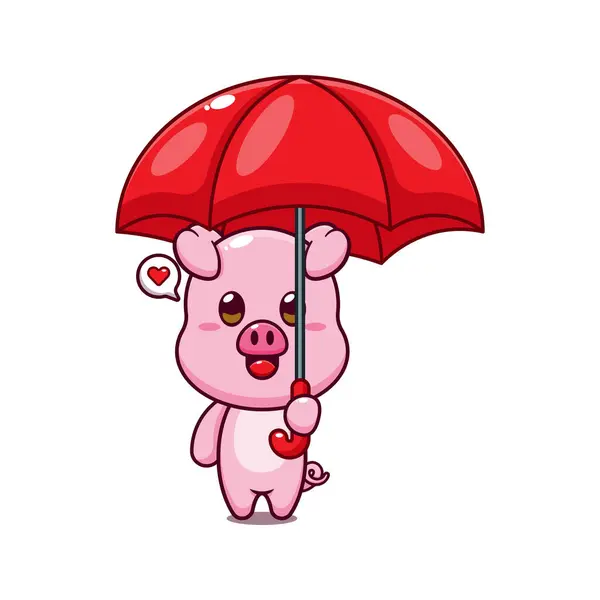 Cute Pig Holding Umbrella Cartoon Vector Illustration — Stock Vector