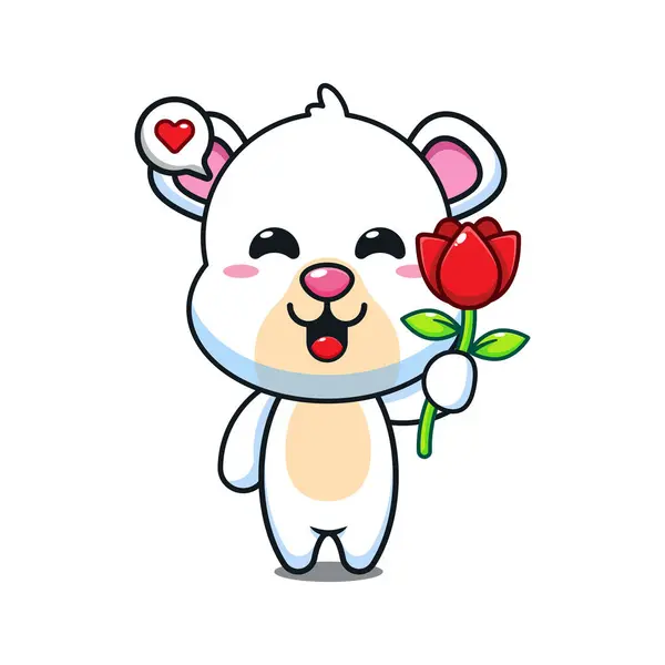 Cute Polar Bear Holding Rose Flower Cartoon Vector Illustration — Stock Vector