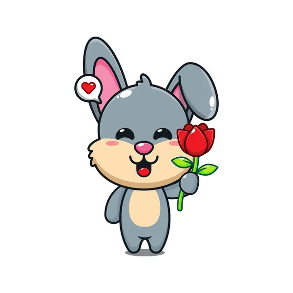 Cute Rabbit Holding Rose Flower Cartoon Vector Illustration — Stock Vector