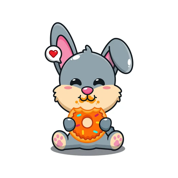 Lindo Conejo Comer Donut Dibujos Animados Vector Ilustración — Vector de stock