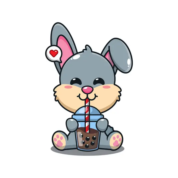 Cute Rabbit Drink Bubble Milk Tea Cartoon Vector Illustration — Stock Vector