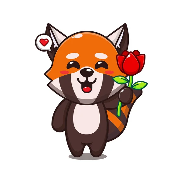 Mignon Panda Rouge Tenant Rose Fleur Dessin Animé Vectoriel Illustration — Image vectorielle