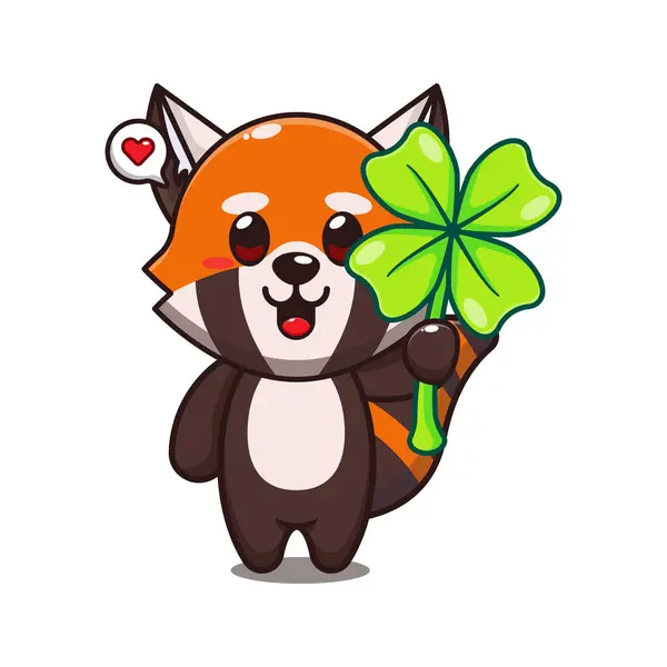 Aranyos Piros Panda Lóhere Levél Rajzfilm Vektor Illusztráció — Stock Vector