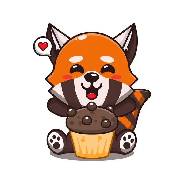 Mignon Panda Rouge Avec Tasse Gâteau Dessin Animé Vecteur Illustration — Image vectorielle
