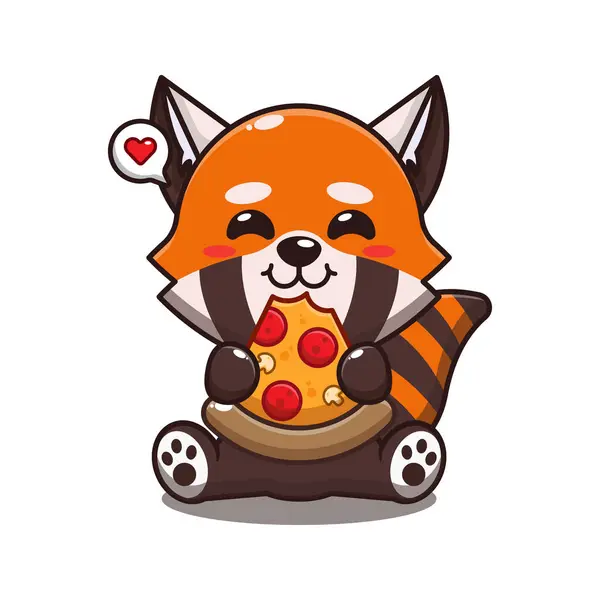 Schattig Rood Panda Eten Pizza Cartoon Vector Illustratie — Stockvector