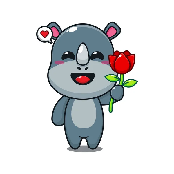 Mignon Rhinocéros Tenant Rose Fleur Dessin Animé Vecteur Illustration — Image vectorielle