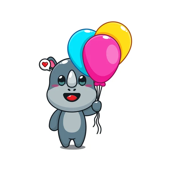 Niedliches Nashorn Mit Luftballon Cartoon Vektor Illustration — Stockvektor
