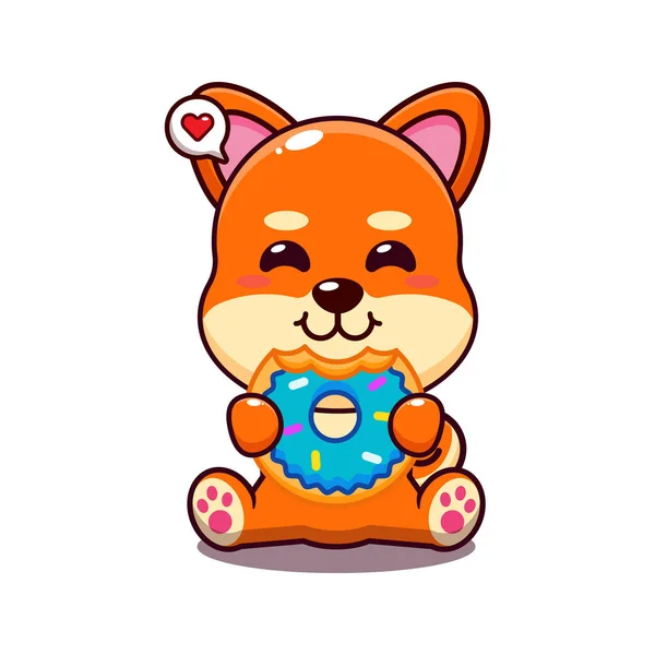 Cute Shiba Inu Eating Donut Cartoon Vector Illustration — Stock Vector