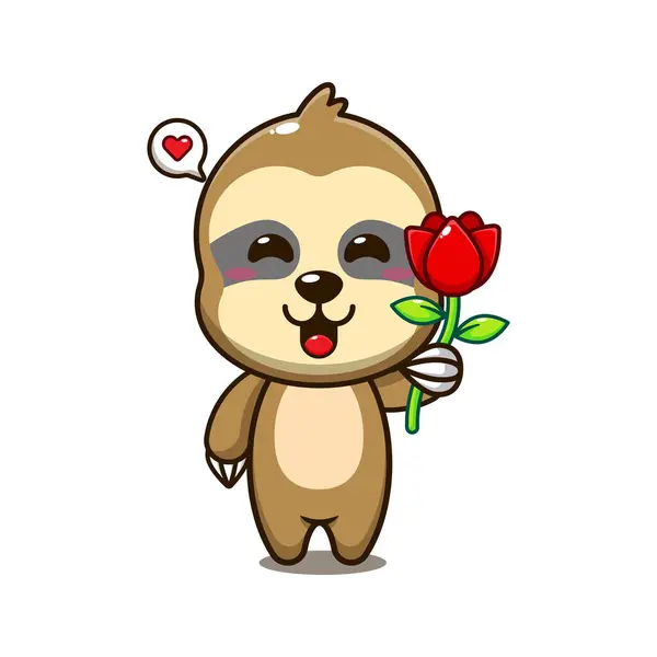Cute Sloth Holding Rose Flower Cartoon Vector Illustration — Stock Vector