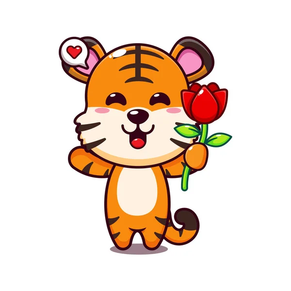 Mignon Tigre Tenant Rose Fleur Dessin Animé Vecteur Illustration — Image vectorielle