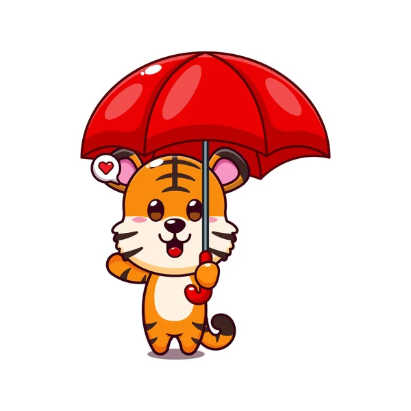 Carino Tigre Tenendo Ombrello Cartone Animato Vettoriale Illustrazione — Vettoriale Stock