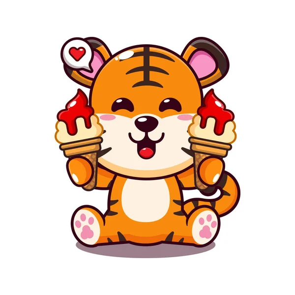 Cute Tiger Ice Cream Cartoon Vector Illustration — Stock Vector