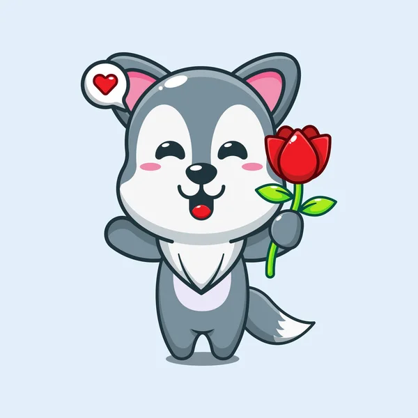Mignon Loup Tenant Rose Fleur Dessin Animé Vecteur Illustration — Image vectorielle