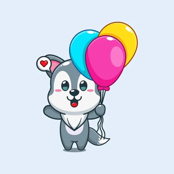 Cute Wolf Balloon Cartoon Vector Illustration — Stock Vector