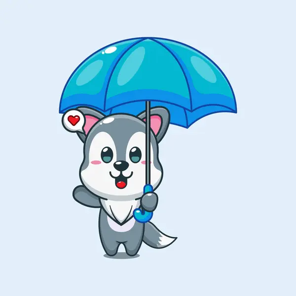 Cute Wolf Holding Umbrella Cartoon Vector Illustration — Stock Vector
