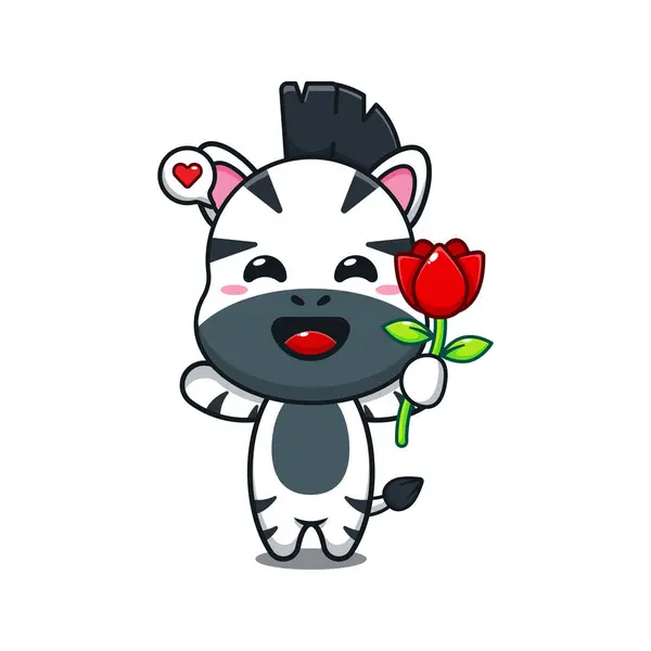 Niedliches Zebra Hält Rose Blume Cartoon Vektor Illustration — Stockvektor
