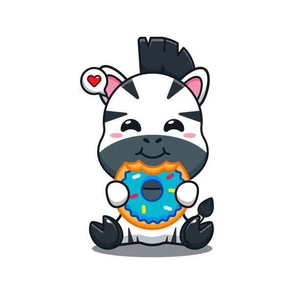 Cute Zebra Eating Donut Cartoon Vector Illustration — Stock Vector