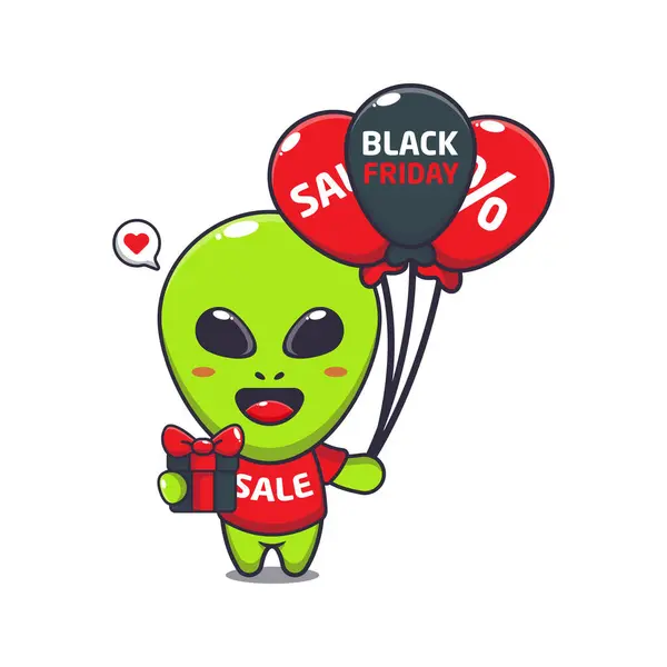 Schattig Alien Met Geschenken Ballonnen Zwart Vrijdag Verkoop Cartoon Vector — Stockvector