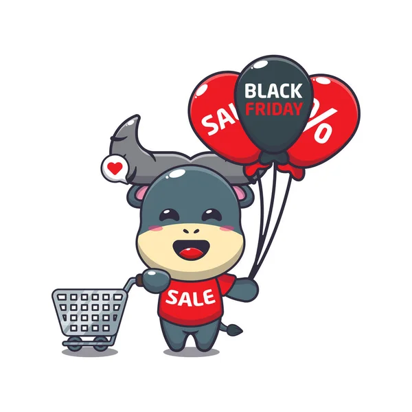 Cute Buffalo Shopping Cart Balloon Black Friday Sale Cartoon Vector — Stock Vector
