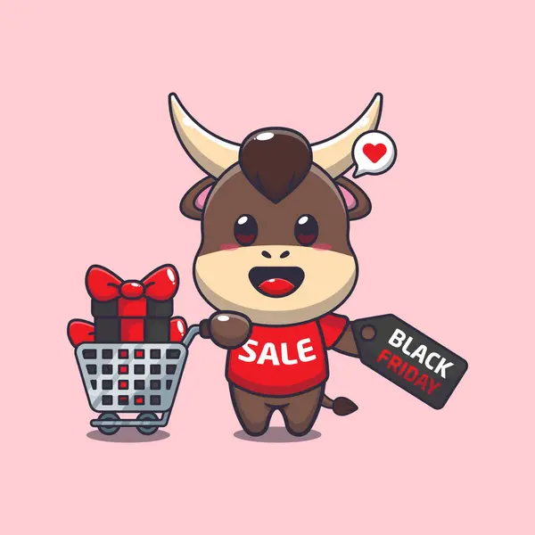 Cute Bull Shopping Cart Discount Coupon Black Friday Sale Cartoon — Stock Vector