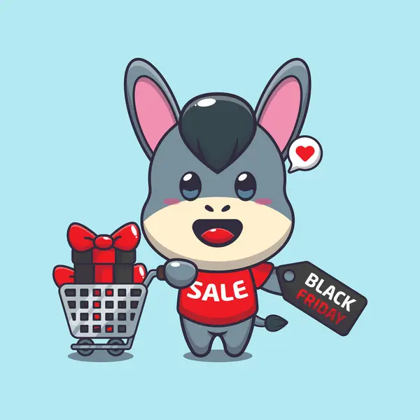 Cute Donkey Shopping Cart Discount Coupon Black Friday Sale Cartoon — Stock Vector