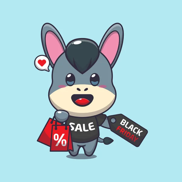 Cute Donkey Shopping Bag Black Friday Sale Discount Cartoon Vector — Stock Vector